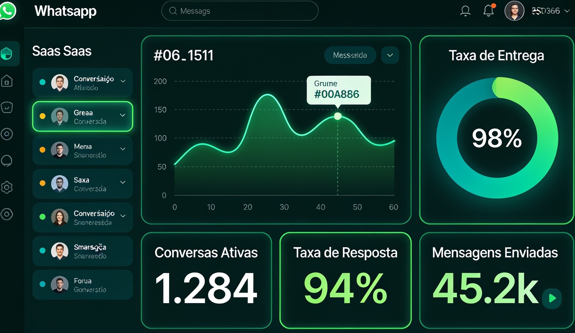 Dashboard da plataforma Automind com métricas de conversas do WhatsApp